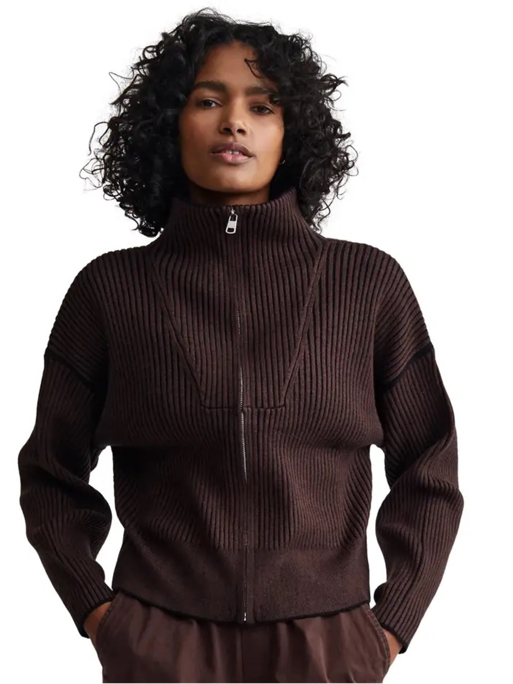 Varley Carmen Rib Knit Zip-Up Cardigan Sweater in Brown Size S